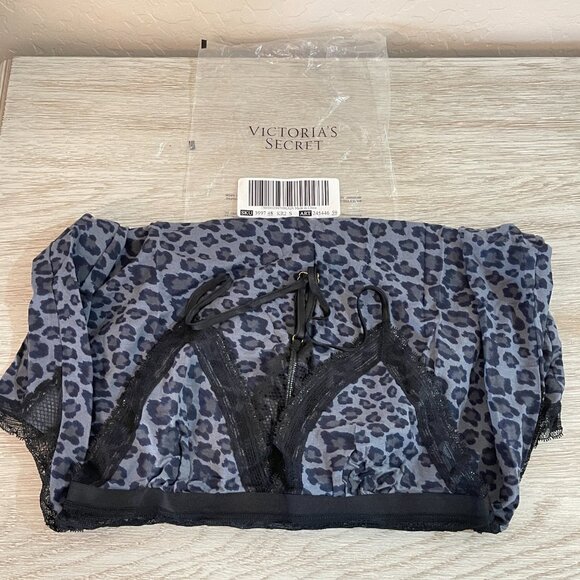 New Victoria's Secret Small Chemise Nightie Slip Gray Black Leopard Lace Modal - Picture 3 of 6